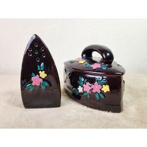Terra Cota Iron Shaped Floral Butter Dish Pepper Shaker Brown Japan x2 Vintage